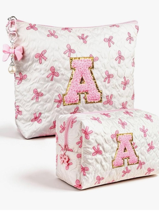 Handbags - NEW Personalized Pink Bow Quilted Makeup Bag Set with 'A' Patch